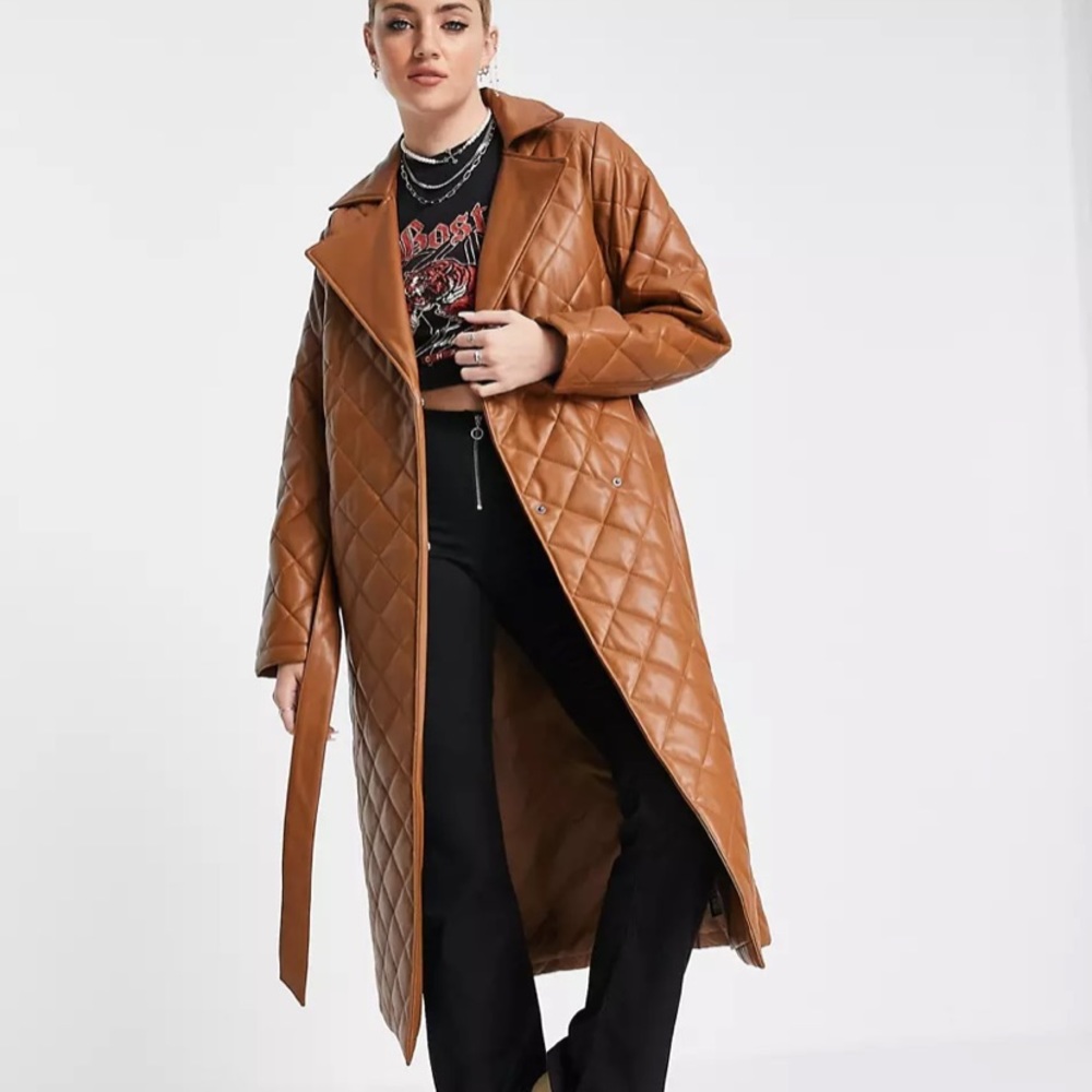 Reclaimed Vintage inspired quilted leather look coat in brown